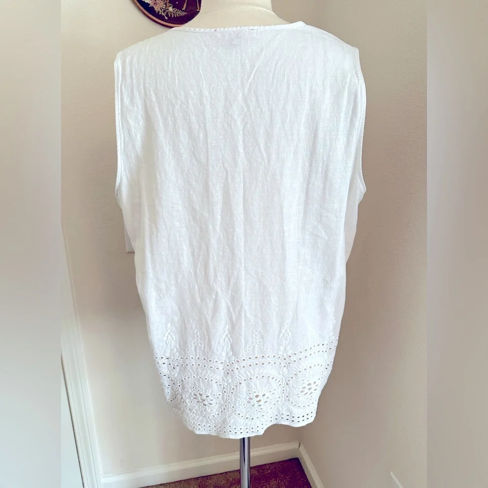 Rose & Thyme White Sleeveless Linen Blend Top With Eyelet Trim Size 1X - Picture 4 of 8